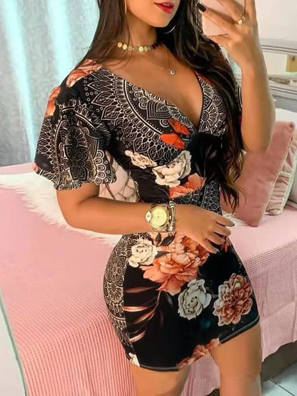 Summer Elegant Floral Print Bodycon Mini Dress Women 2023 Fashion Sexy Deep V-neck Package Hip Dresess Office Lady Party Dress