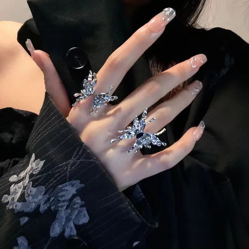 Punk Irregular Butterfly Rings For Women Liquid Metal Butterfly Earring Aesthetic Egirl Gothic Insect Open Rings Jewelry