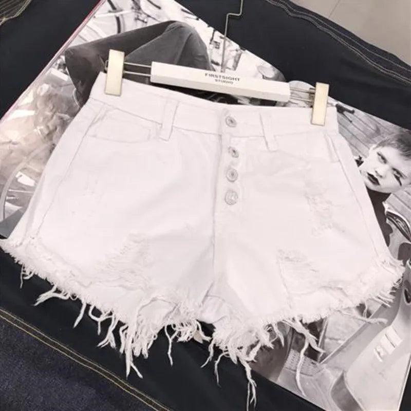 High Waist Tassel Broken Denim Shorts Women Summer Korean Version Raw Edge Wide Leg Loose Plus Size Jean Shorts Female