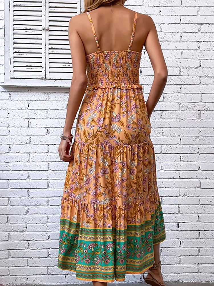 Sexy Long Dresses For Women Fashion Backless Ruffle Boho Beach Slip Dress Summer Floral New In Dresses Women Clothing 2024