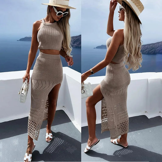 European and American women's split buttocks skirt top sleeveless two-piece dress summer платье  two piece sets womens outifits