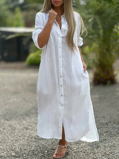 Elegant Women's Blue Cotton And Linen Collar Button Up Shirt Long Dress Women's Fashionable Casual Long Sleeved Cardigan Dresses