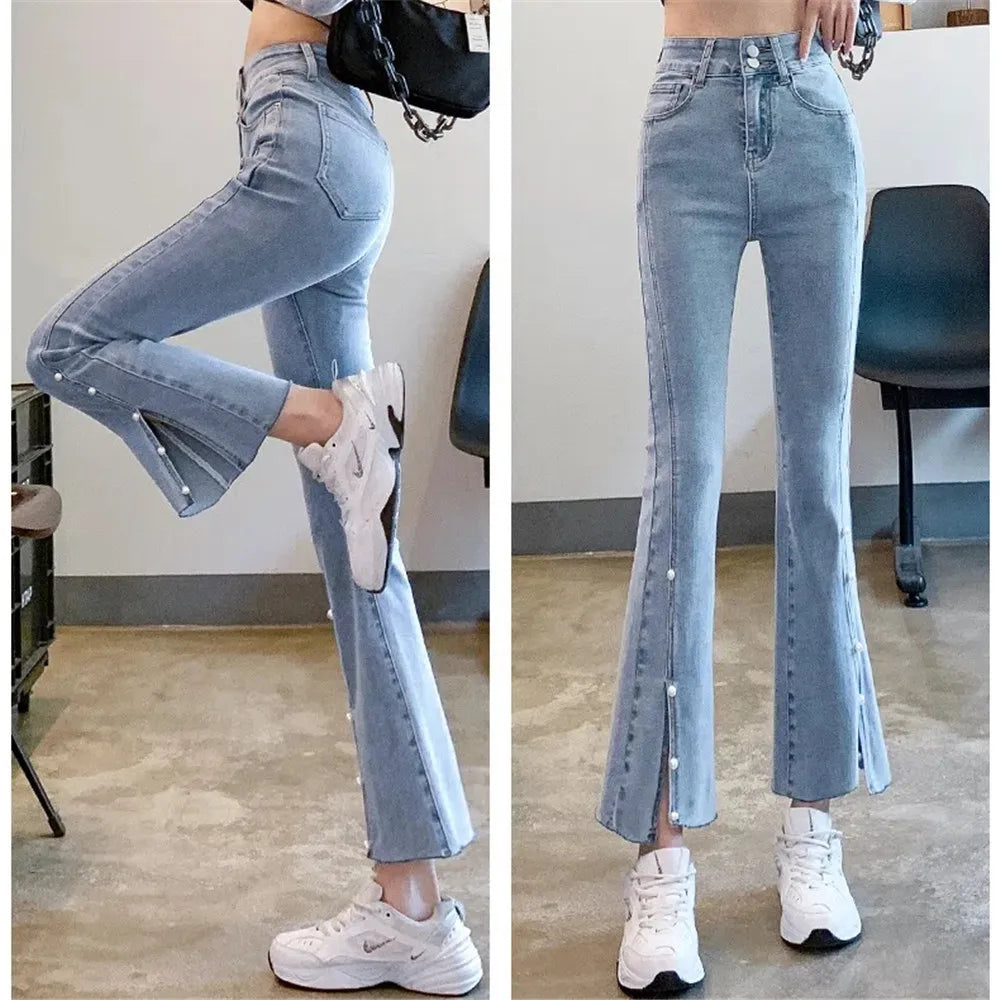 Korean Chic Slit Pearl Buttons Tassel Flare Jeans Women Fashion Slim Stretch Ankle-length Streetwear Women Pants New Women Pants