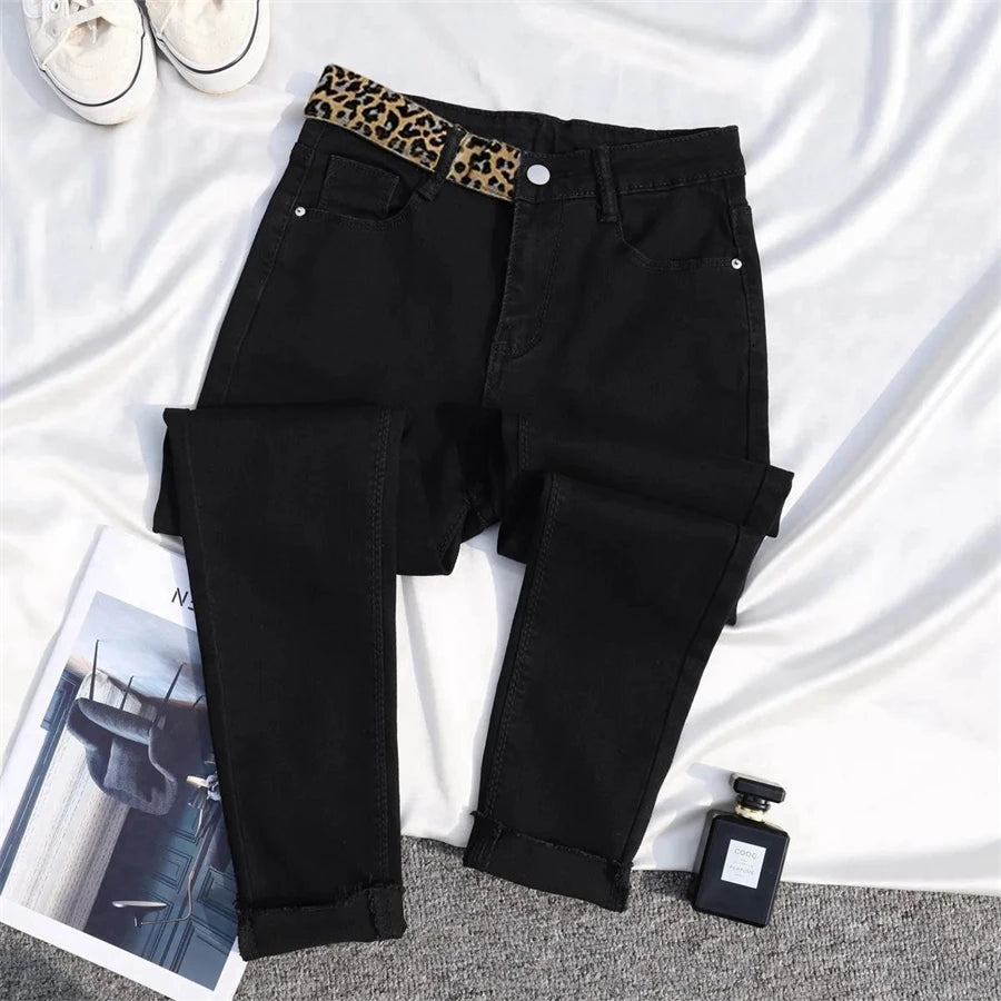 Classic High Waist Leopard Print Skinny Pencil Denim Pants Spring Autumn Slim Stretch Streetwear Women Pants Ankle-length Jeans