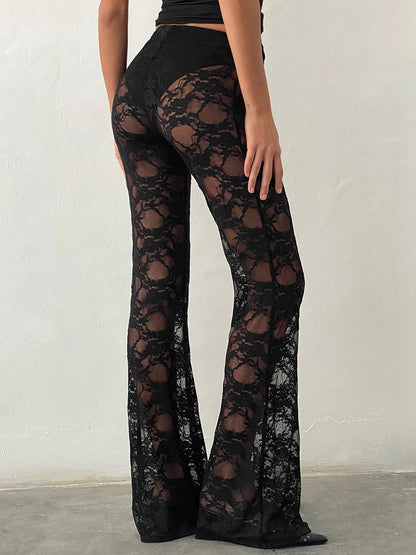 Women Sexy Lace Pants Y2K Floral Sheer See Through High Waist Bell-Bottoms Trousers Gothic Flare Pants Streetwear