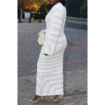 Plus Size Semi Formal Dress White Crew Neck Long Sleeve Maxi Dress