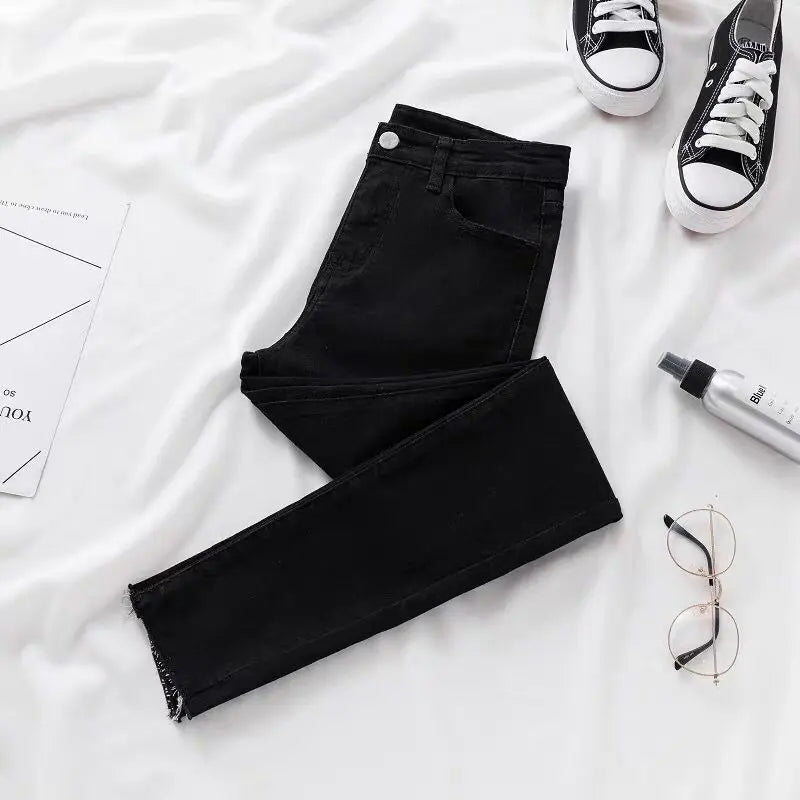 Solid Color Basic High Waist Skinny Pencil Denim Pants Korean Fashion Streetwear Slim Stretch Jeans Woman New Ankle-length Jeans