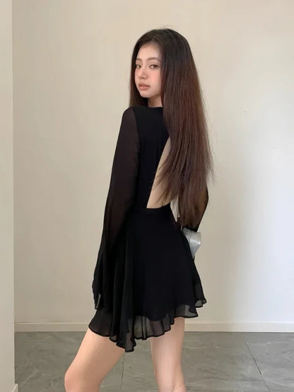 HOUZHOU Backless Black Dress Women Elegant Back Hollow Out Lace-up Long Sleeve Mesh Patchwork Sexy Slim Ruffle Mini Dress Party