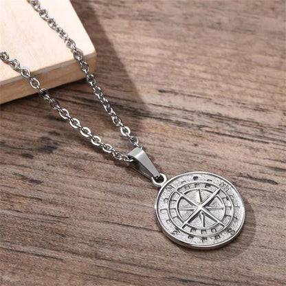 Men's Layered Alloy Necklace Navigation Travel Compass Pendant Cuba Figaro Wheat Chain Casual Vintage Necklace