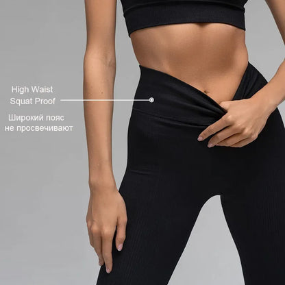 Ribbed Yoga Pants High Waisted Gym Leggings Sport Women Fitness Seamless Female Legging Tummy Control Running Training Tights