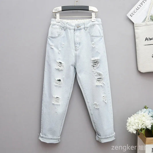 Summer Men Extra Large Damaged Jeans Women's Loose Slim Harlan Pants Back Elastic Waist 100kg 5xl ripped jeans for women