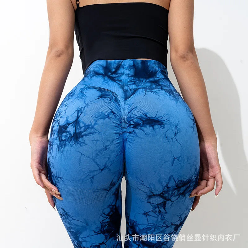 Large Size Tie Dye Sports Fitness Pants Women High Waist Peach Hip Lifting Outer Jacquard Running Fitness Yoga Pants