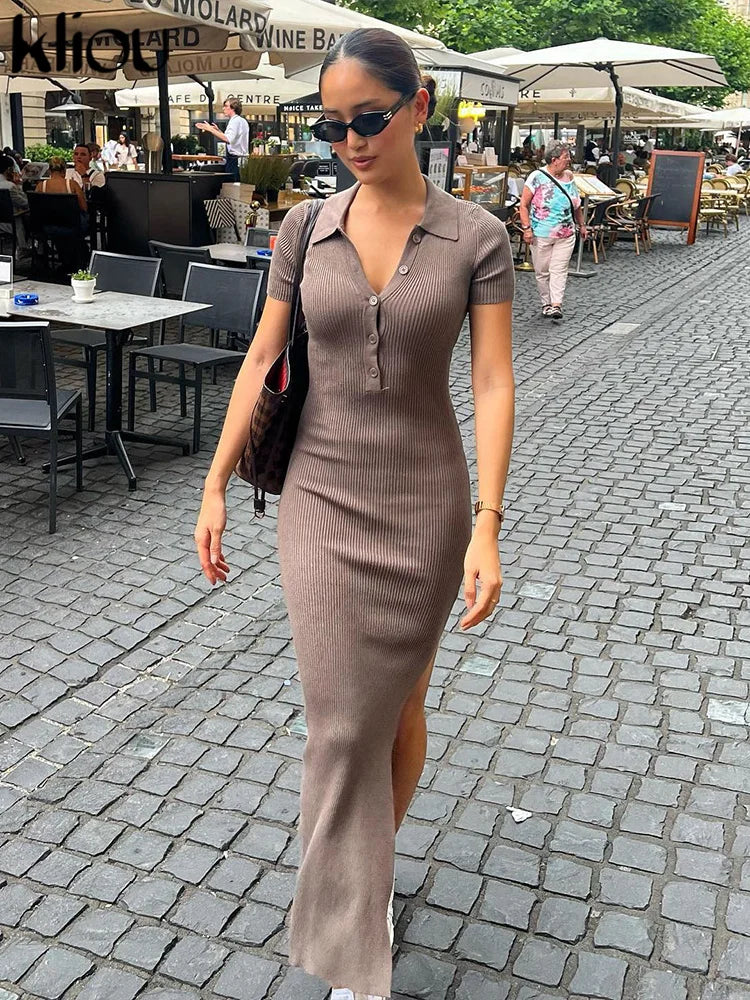 Kliou Elegant Office Lady Maxi Dress Women Solid Fashion Turn-down Collar
