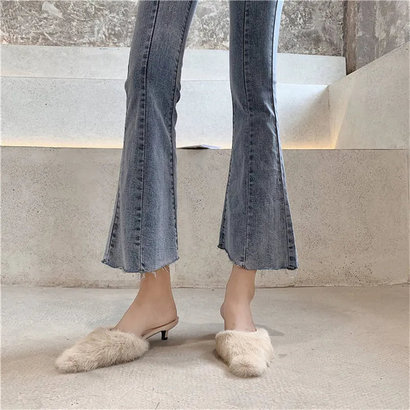 Classic High Waist Light Blue Flare Jeans For Women Elegant Slim Stretch Ankle-length Women Pants All-match Raw Edge Baggy Jeans