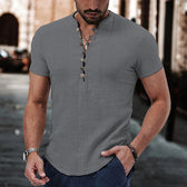 2023 New Men's Short Sleeve Tshirt V neck button Cotton Linen Shirt Men's Casual Clothes Popular Tops for Men