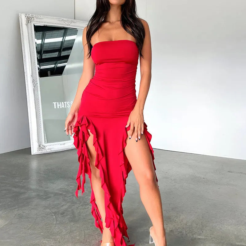 Elegant Ruffles Off Shoulder Women Midi Dress Sexy Strapless Off Shoulder Slim Fit Dress Female Beach Holiday Dress Vestido