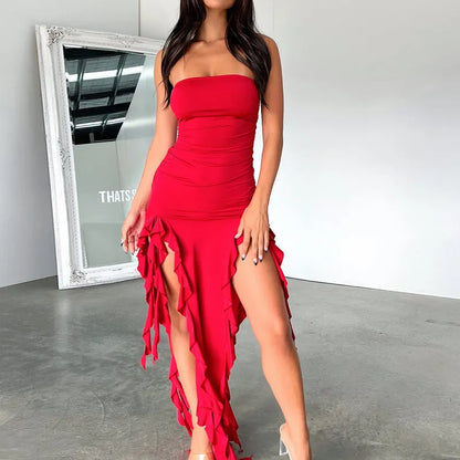 Elegant Ruffles Off Shoulder Women Midi Dress Sexy Strapless Off Shoulder Slim Fit Dress Female Beach Holiday Dress Vestido