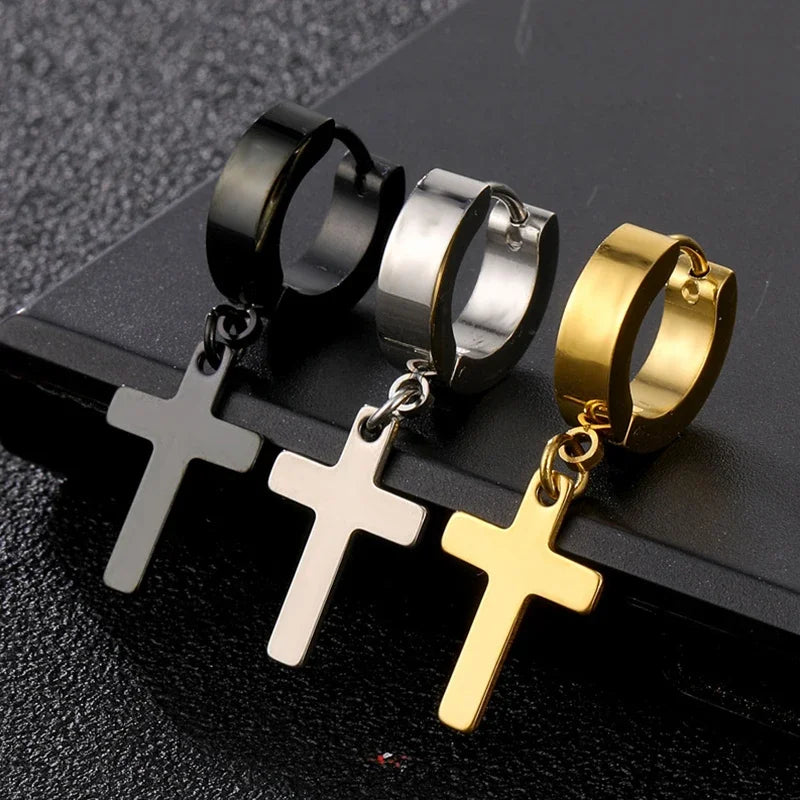 2pc Stainless Steel Men Cross Stars Punk Dangle Earrings Gothic Woman Cross Ear Hoop Earrings Huggies Pendant Piercing Jewelry - Sri sampi