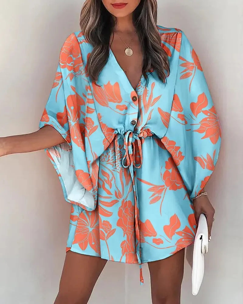 Women's Summer Flying Sleeves Sexy V-neck Lace Up Print Beach Dress 2023 Women's Spring Quarter Sleeve Loose Button Mini Dress