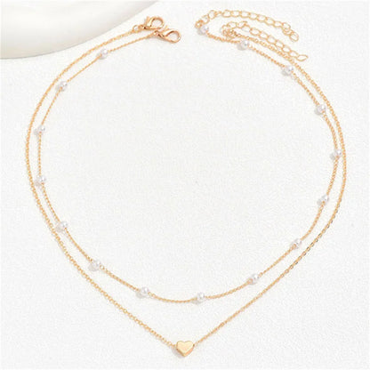 Vintage Pearl Choker Necklaces for Women Fashion Double layer Chain Small Love Heart Pendant Necklace Jewelry Gift Wholesale