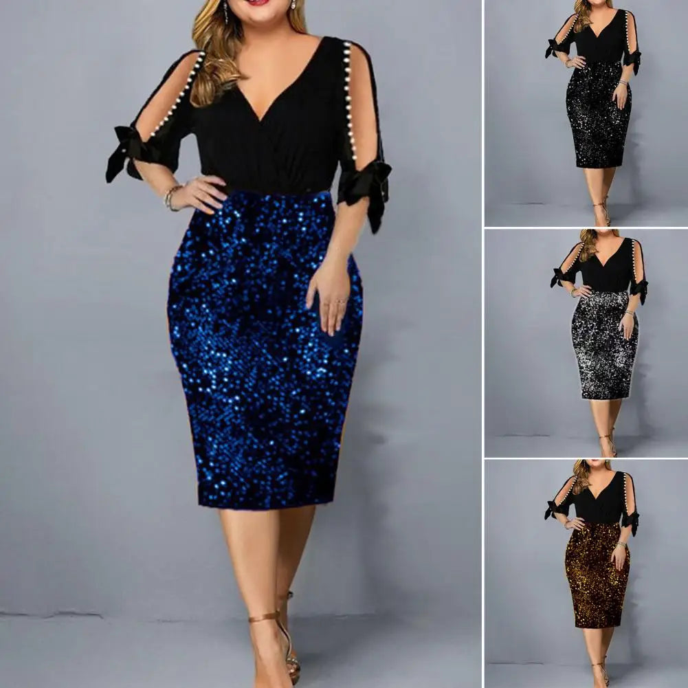 Plus Size Women Dress Sequins V-Neck Elegant Dress Sexy Cold Shoulder Hip Wrap Bodycon Dress