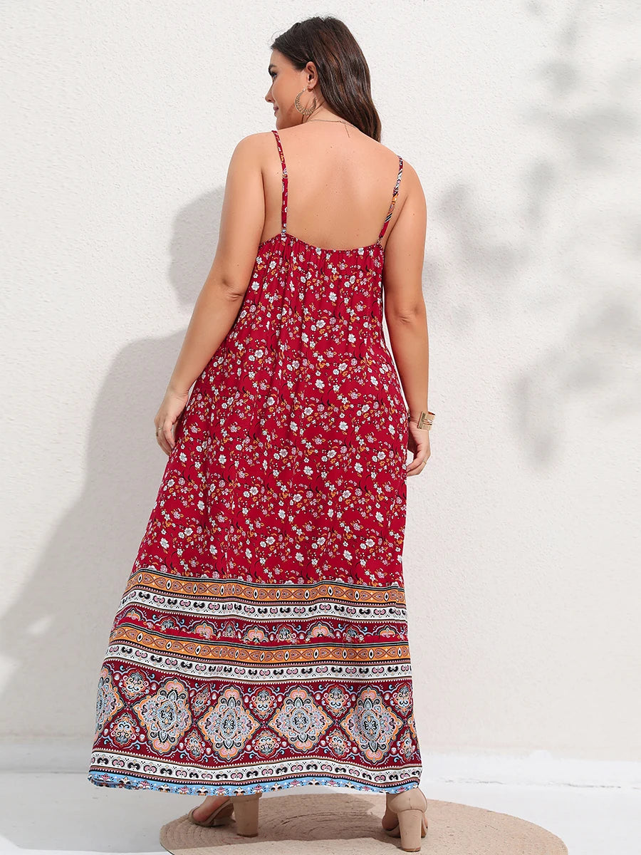 Finjani  Plus Size Women Floral Print Dress Summer Sexy V-neck Backless Long Dresses Female Elegant Bohemian Holiday Beach Party