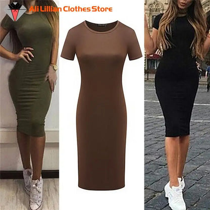 Summer Dresses Women Knee-Length Skinny Office Dress Short Sleeve Bandage Bodycon Beach Dress Vestidos Robes