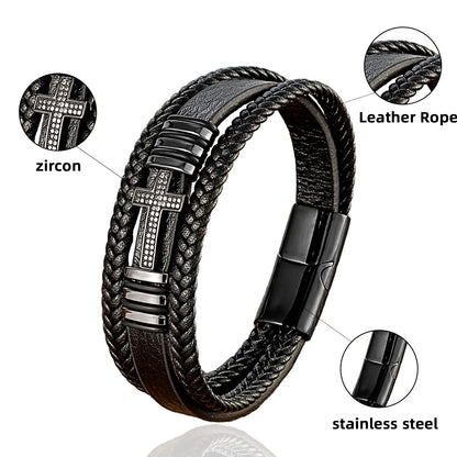 Classic Jesus Cross Charm Cubic Zirconia Men Bracelet Black Woven Leather Rope Chain Bracelets For Women Stainless Steel Jewelry