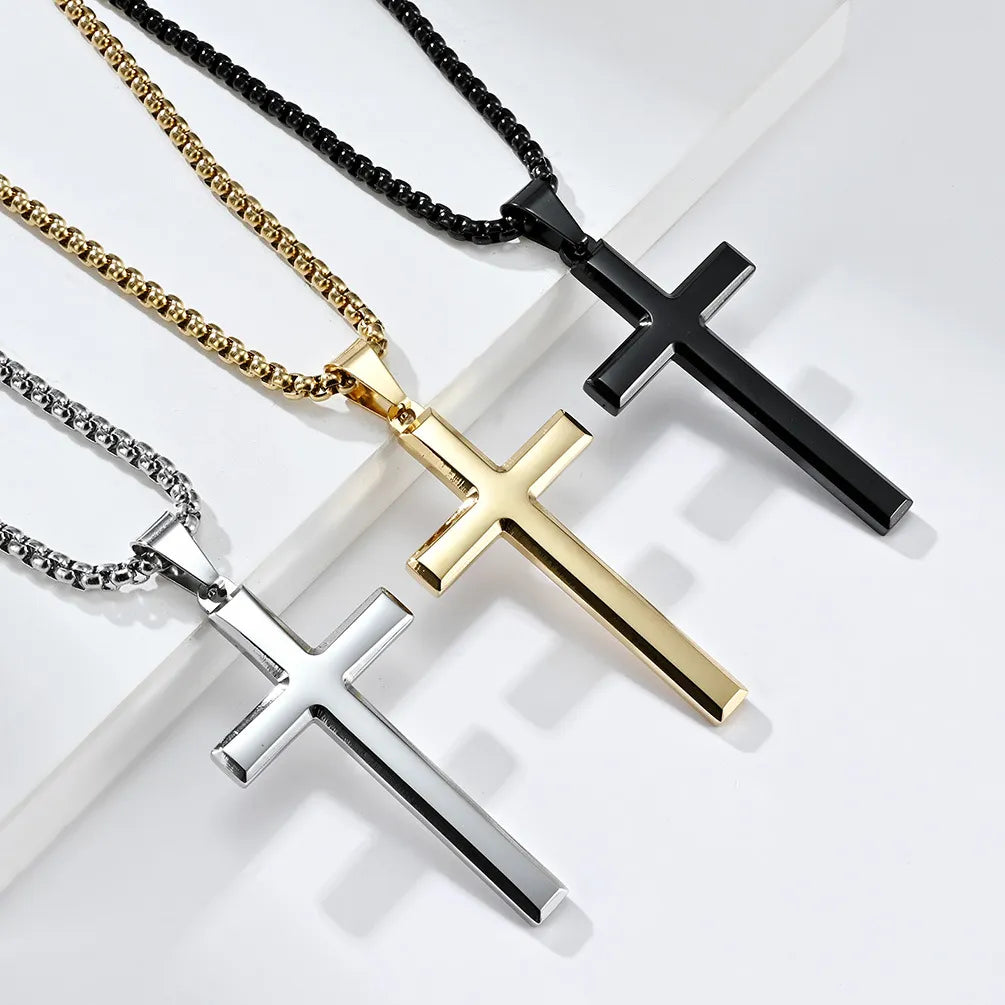 Mens Women Chain Necklace Black Cross Stainless Steel Pendant 3mm Gold Color Box Chain Fashion Peace Faith Divine Couple Gifts