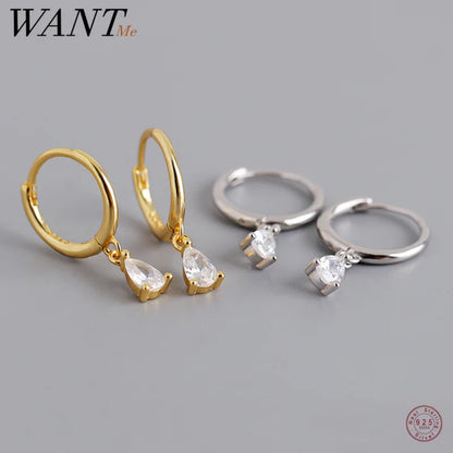 WANTME 925 Sterling Silver Simple Huggies Water Drop Zircon Earrings for Woemn Fashion Bohemian Piercing Party Clip Jewelry Gift