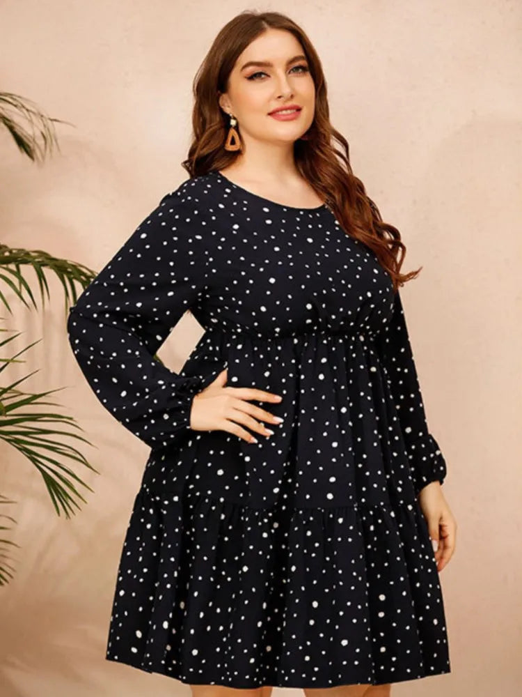 Plus Size Autumn Midi Dress Women Long Sleeve Polka Dot Casual Ladies Dresses Loose Fashion Pleated Woman Dress 2023