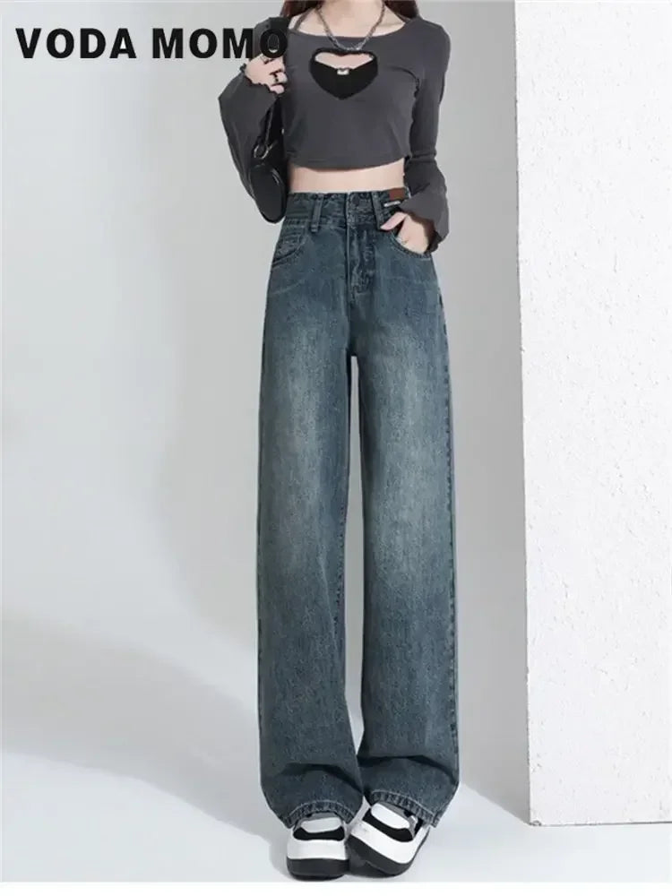 Korean Summer High Waisted Jeans Women Trend Button New Wide Leg Pants Harajuku Vintage Streetwear Straight Y2k Pants Esthetics