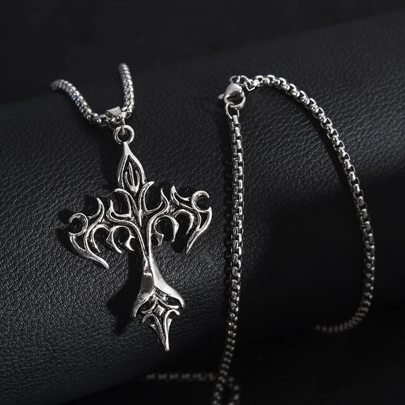 Men's Vintage Flame Cross Pendant Necklace Women Stainless Steel Link Chain Charm Necklaces Cool Punk Hip Hop Jewelry Gift