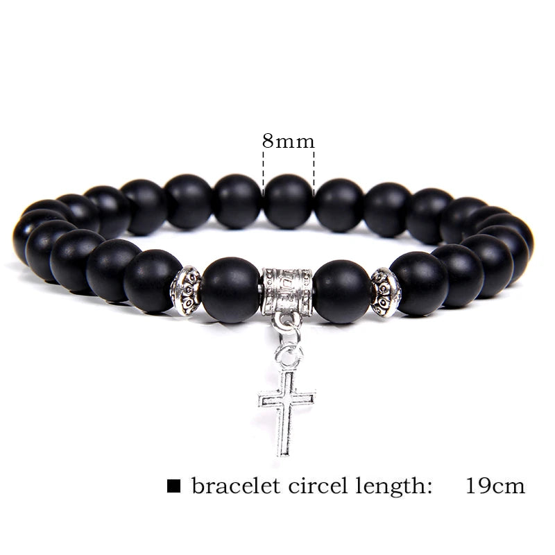 Trendy Men Beads Bracelet Slivers Color Cross Pendant Bracelet Natural Stone Bracelets Charm for Women Healing Prayer Jewelry