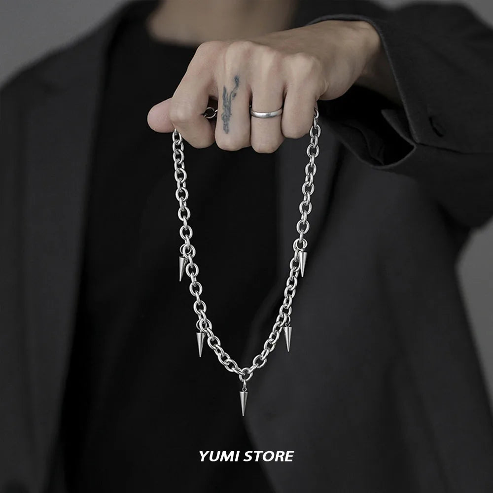 Hip Hop Rivet Necklace For Man Woman Titanium Steel Cone Pendant Sweater Chain Choker Jewelry Punk Male Cool Accessories