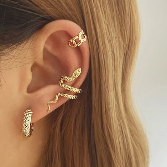 New Personality Gold Color Clip Earrings Fake Piercing Jewelry Set Fashion Lines Snake C-shape Ear Cuffs for Women Party Gift