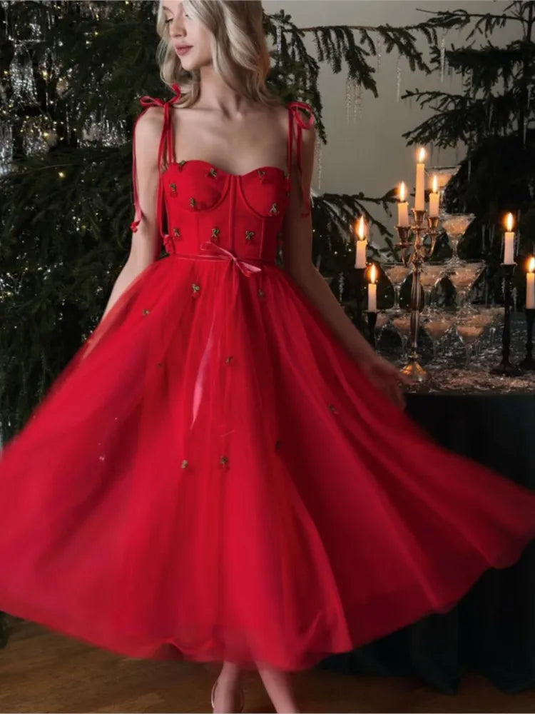 Sexy Lace-up Red Dress Women Fashion Spaghetti Strap Sleeveless High Waist Midi Dress Lady Chic Evenning Party Gown Robe