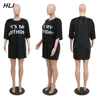 HLJ Birthday Letter Print Sequin Dress Women Round Neck Short Sleeve Straight Holidays Party Dress Vestidos Female 2023