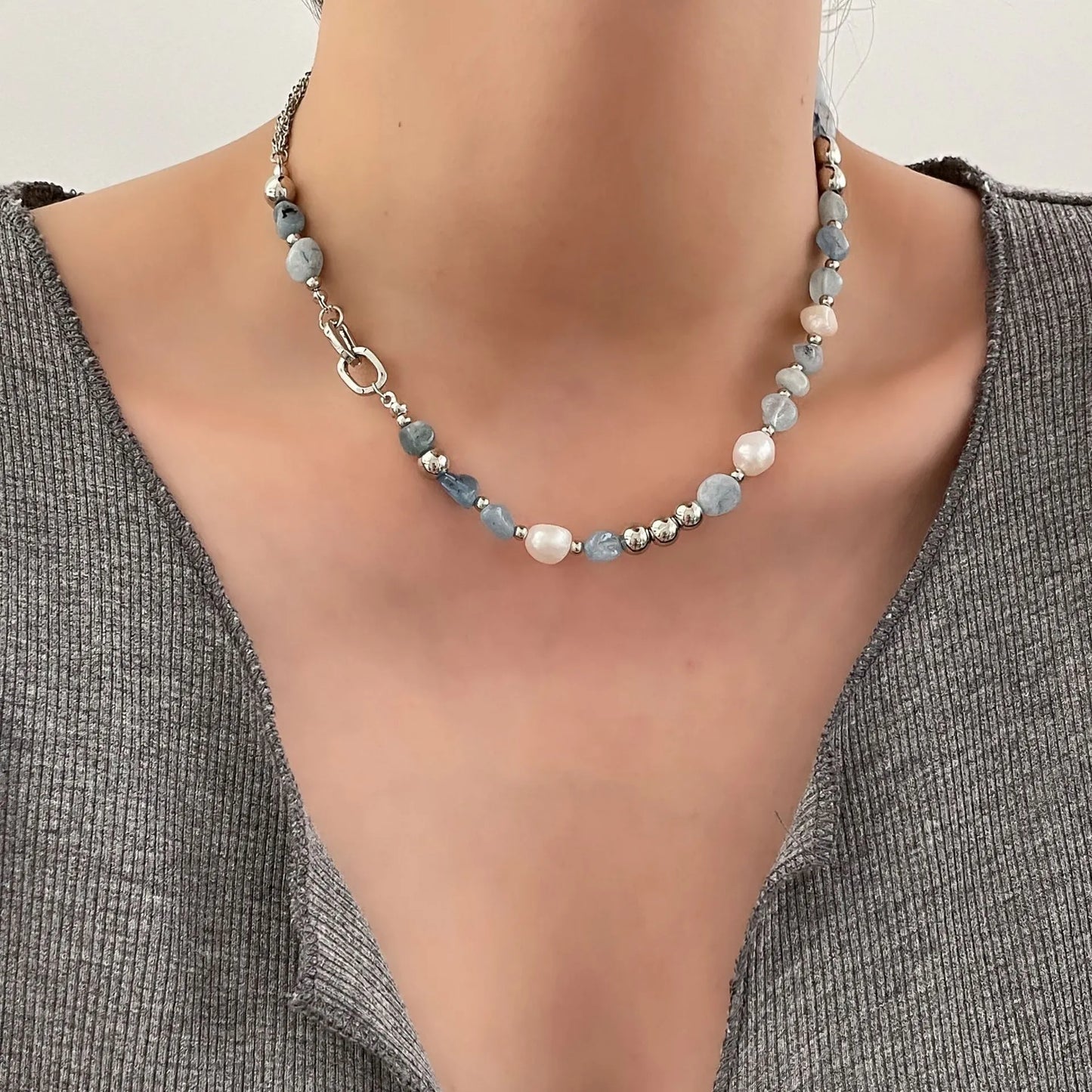 Trendy Blue Natural Stone Necklace for Women Summer Charm Irregularity Freshwater Pearl Choker Necklace Girls Jewelry Gift