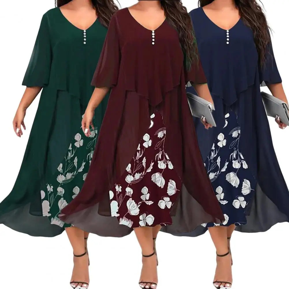 Stylish Women Dress Loose Waist Button Decor Floral Pattern Female Long Dress  Plus Size Maxi Dress for Work