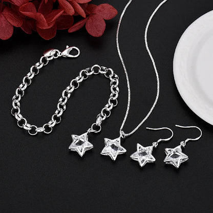 Popular Brands 925 Sterling Silver pretty Crystal Star necklace earring bracelet Jewelry set Women Fashion Wedding accessories