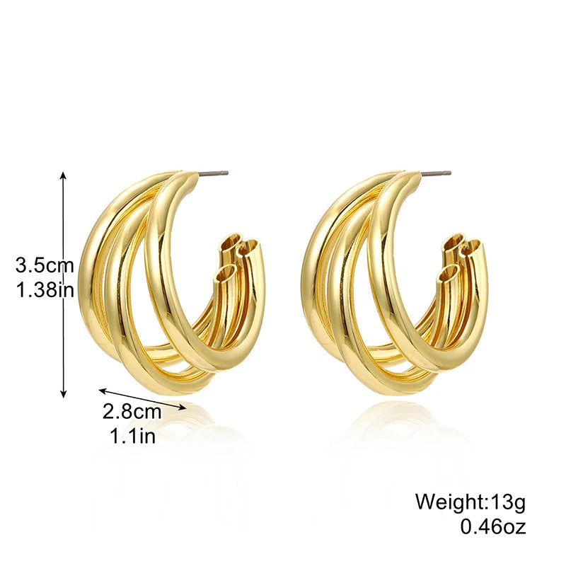 Three-Layers Gold Color Women Dangle Earrings C-Shaped Hollow Metal Drop Earrings Personality Punk Ear Jewelry Party Gifts