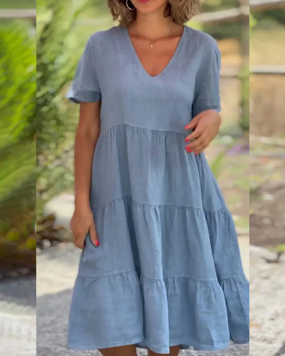 Cotton And Linen Casual Women's Dresses 2023 Spring/Summer Sweet  Short Sleeve Solid V-neck Large Swing Loose Dress  S-5XL