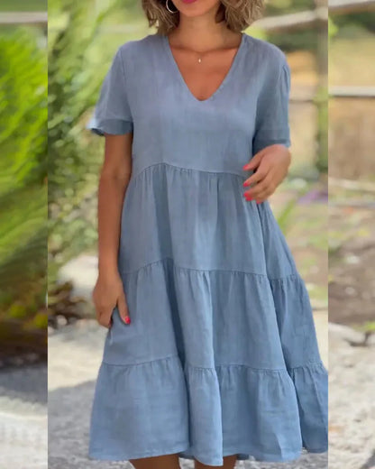 Cotton And Linen Casual Women's Dresses 2023 Spring/Summer Sweet  Short Sleeve Solid V-neck Large Swing Loose Dress  S-5XL