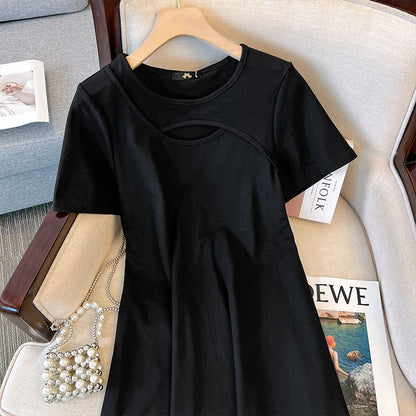 Plus-size women's summer casual dress front hollow design sexy party dress loose comfortable cotton bead fabric commuter dress