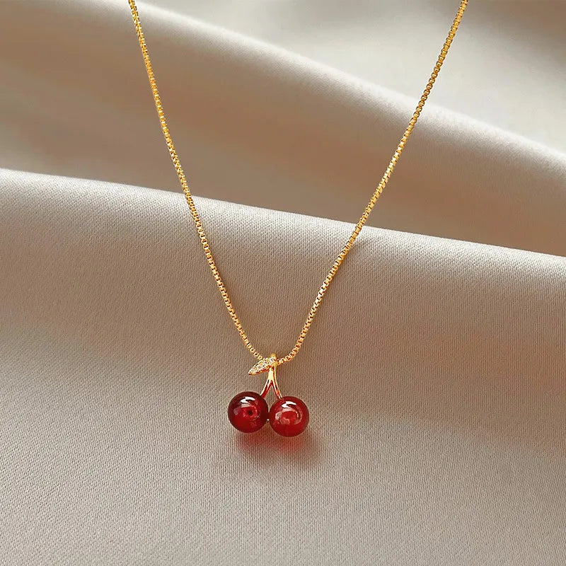 New Wine Red Cherry Gold Colour Pendant Necklace For Women Personality Fashion Necklace Wedding Jewelry Birthday Gifts