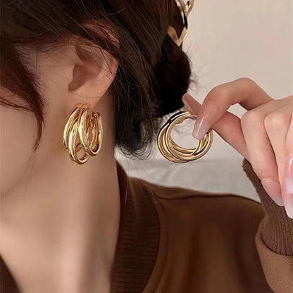 Three-Layers Gold Color Women Dangle Earrings C-Shaped Hollow Metal Drop Earrings Personality Punk Ear Jewelry Party Gifts