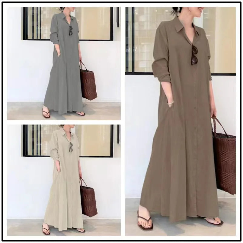 Cotton Linen Pocket Maxi Dress for Women Blouses Streetwear Loose Casual Long