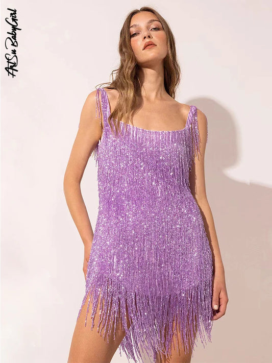 Sequin Tassel Dress Spaghetti Strap Dress Square Neck Sleeveless Dress Evening Sexy Backless Tank Midi Dress Woman Purple Dress