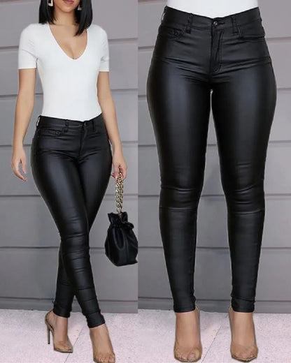 Women PU Leather Pants Black Sexy Stretch Bodycon Trousers Women High Waist Long Casual Pencil Pants Plus Size S-3XL - Sri sampi